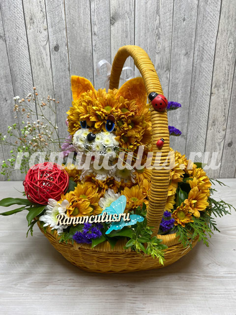 Кот из живых цветов в корзине
